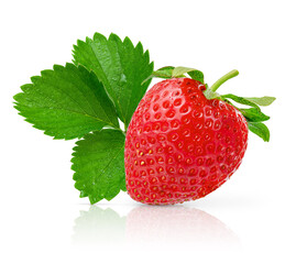 Strawberry with leaf isolated on white background with clipping path. 