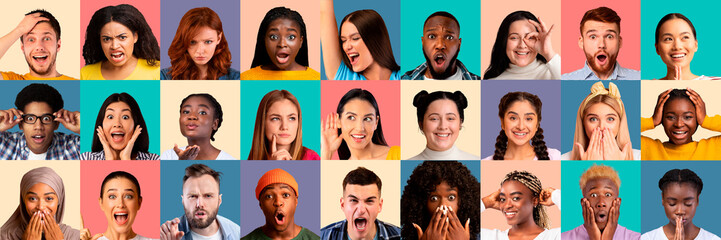 Fototapeta na wymiar Set of different multiethnic millennials expressing various emotions