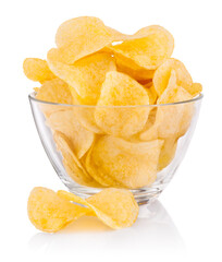Potato chips in glass bowl isolated on white background