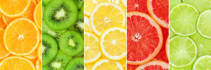 Colorful citrus fruit slices collage. Top view, close up 