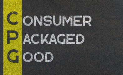Consumer packaged good - CPG acronym written over road marking yellow paint line, business abbreviations.