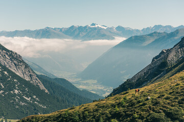 Fototapeta premium Mountainous landscape in Switzerland with cows and horses