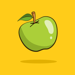 Green apple with shadow and background. Vector. Cartoon