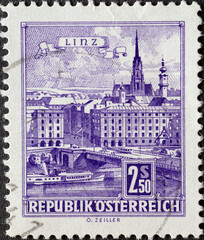 Austria - circa 1962 : a postage stamp from Austria, showing the historical building: Danube Bridge, Linz