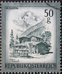 Austria - circa 1975 : a postage stamp from Austria, showing Mayerhofen in the Zillertal, Tyrol