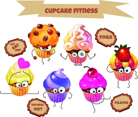Fotobehang Cupcake fitness. The concept of a healthy lifestyle. Vector set of cute cupcakes and muffins. © Ilya