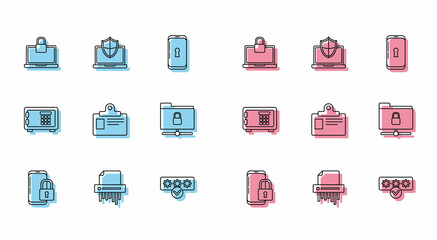 Set line Smartphone with closed padlock, Paper shredder confidential, Laptop and, Password protection safety access, Identification badge, FTP folder, Safe and protected shield icon. Vector