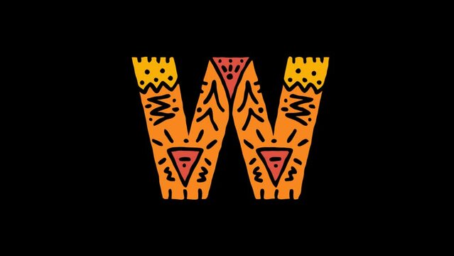 Letter W. 4K, Transparent Alpha channel. Cartoon Animation, Shake twitch effect. Ethnic ornament, national folk pattern in letter. 3 colors. Capital Letter W for ABC education, erudition, game.