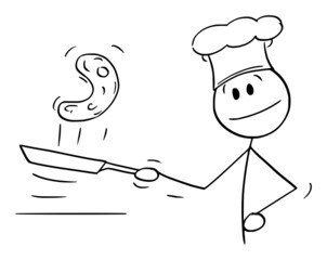 Cook Cooking Pancake in Frying Pan, Vector Cartoon Stick Figure Illustration