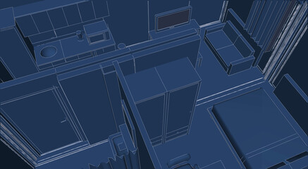 3d illustration of a container building house. Close up perspective from top in blueprint style. New trend in construction: Steel container house.  