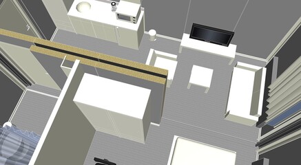 3d illustration of a container building house. Close up perspective from top. New trend in construction: Steel container house.  