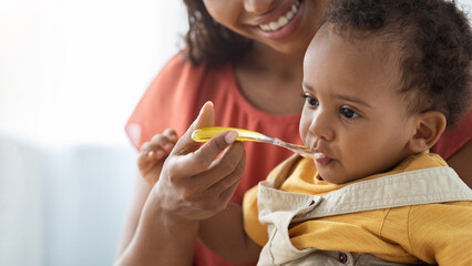 Baby Nutrition Habits. Smiling Black Mother Feeding Cute Infant Boy From Spoon