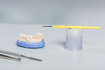 Close-up of tools for painting work on artificial dentition and dental imprint in a dental laboratory on a workbench