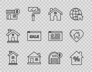 Set line Home symbol, House with percant discount tag, dollar, Hanging sign text Online Sale, Warehouse and heart shape icon. Vector