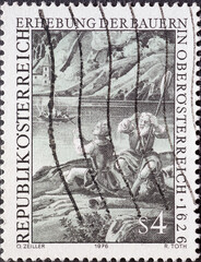 Austria - circa 1976: a postage stamp from Australia, showing two men in historical costumes at a lake in the mountains. Uprising of the Peasants in Upper Austria 1626