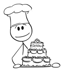 Cook Holding Birthday or Wedding Cake , Vector Cartoon Stick Figure Illustration