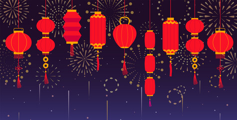 Lantern festival background with different red hanging lanterns and fireworks