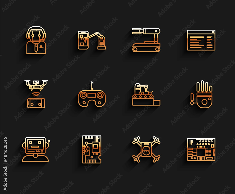 Poster set line robot, worker robot, drone flying with action camera, printed circuit pcb, remote control, 