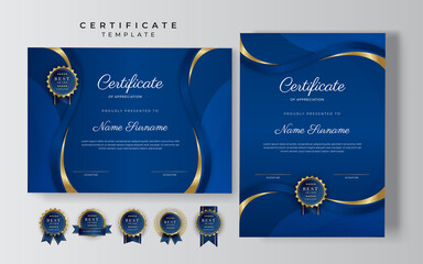 Blue and gold certificate of achievement border template with luxury badge and modern line pattern. For award, business, and education needs