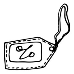 Tag with discount icon. A doodle-style tag for gifts and purchases with a gift discount, an isolated black outline on white for a sales design template