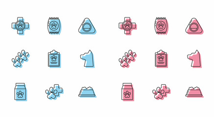 Set line Bag of food for pet, Veterinary clinic symbol, Pet bowl, Clipboard with medical clinical record, Cat, Paw print and icon. Vector