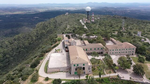 Aerial view, flight at Monastery of Santuari de Nostra Senyora de Cura on Puig de Randa mountain, Pla de Mallorca Region, Mallorca, Balearic Islands, Spain