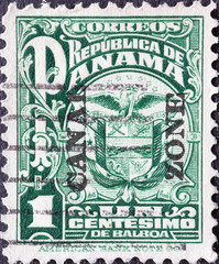 Panama - circa 1924: a postage stamp from Panama , showing the coat of arms of Panama with...
