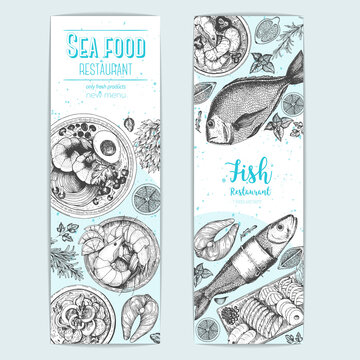 Vintage seafood banners set. Vector illustration hand drawn with ink. Cooked seafood dish on the table top view. Engraved style image.