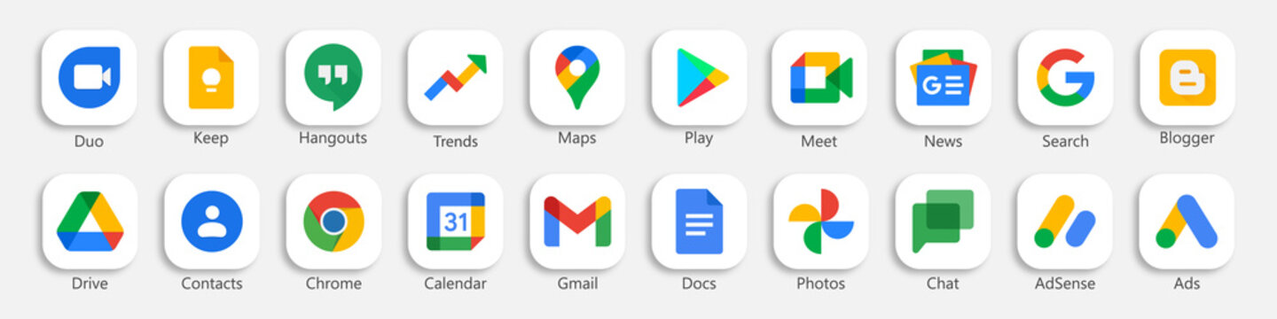 Google icons set. Google product icon on isolated background with realistic shadow. Google, Gmail, Google Pay, Calendar, Duo, Keep, Hangouts, Trends, Maps, Play, Appointments, News, Search