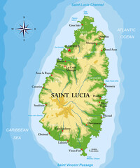 Saint Lucia island highly detailed physical map - obrazy, fototapety, plakaty