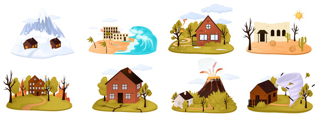 Natural disaster cartoon style set of isolated compositions. Hurricane, environmental crisis in nature, earthquake, volcano icons collection. Landslide with houses.