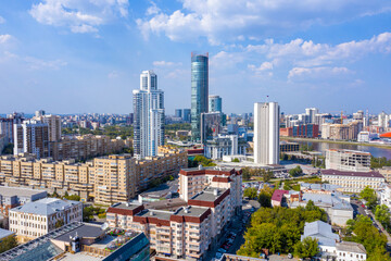 Fototapeta na wymiar Aerial view panorama of Yekaterinburg city center. View from above. Russia