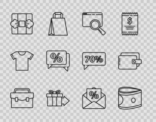 Set line Briefcase, Stacks paper money cash, Search in browser window, Gift box, Discount percent tag, Envelope with an interest discount and Wallet icon. Vector