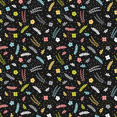 Fototapeta premium Cute floral seamless pattern with hand drawn elements. Scandinavian style. Spring. Doodle flowers