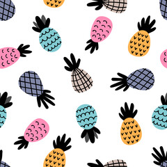 Seamless pattern with pineapples. Cute summer background with tropical fruit