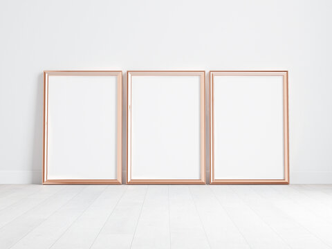gold frame mockup, three vertical gold frames, poster frame, mockup for art, minimalist gold frames, 3d render