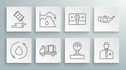 Set line Oil drop, Drop in crude oil price, Tanker truck, Gauge scale, Businessman or stock market trader, Stacks paper money cash, Canister for motor and Barrel leak icon. Vector