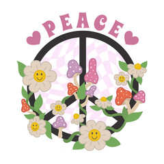 1970 Peace Sticker, Poster. Peace Sign with Psychedelic Mushrooms and Smiling Chamomile on Distorted Checkered Background. Hippie Aesthetics. Hand-Drawn Vector Illustration isolated on White.