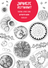 Japanese food menu restaurant. Asian food poster. Vector illustration top view. Japanese food engraved design template.