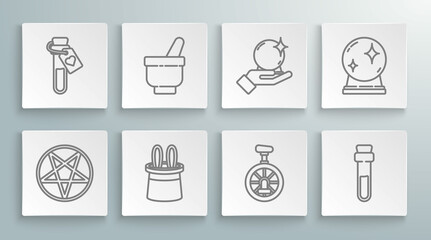 Set line Pentagram in a circle, Magic mortar and pestle, Magician hat rabbit ears, Unicycle one wheel bicycle, Bottle with love potion, ball hand, and icon. Vector
