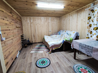 Obraz na płótnie Canvas Wooden lounge in the sauna in Russia