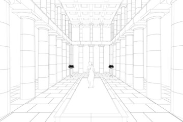 Outline of the hall with architectural columns and a sculpture of a woman from black lines isolated on a white background. Vector illustration
