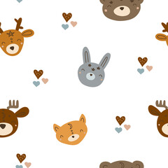 Obraz premium Seamless pattern with cute faces of Scandinavian animals for textile, nursery decoration. Scandinavian style illustration