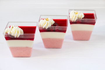 Red berries panna cotta in a portion cups, red jelly fruits dessert, low calorie sweets, healthy...