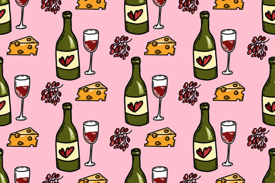 Pattern cheese, bottle and glass of wine on pink background