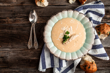Delicious cream Brain soup, iskembe corbasi, turkish traditional hangover cure, diet fresh food meal dish soup lunch, space for text. top view