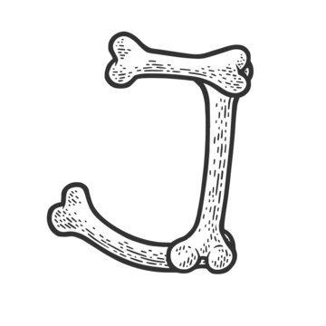 letter J made of bones sketch engraving vector illustration. Bones font. T-shirt apparel print design. Scratch board imitation. Black and white hand drawn image.