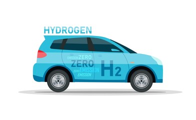 Automobiles with hydrogen motor. H2 fuel car. Editable vector illustration