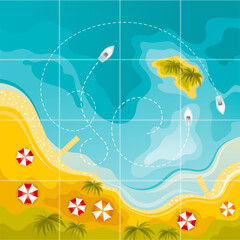 Top view beach. Vector summer sea background with sand coast, water, island, boats, palms. Flat landscape design.