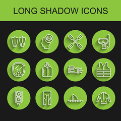 Set line Gauge scale, Wetsuit, Rubber flippers, Shark fin in ocean wave, Aqualung, Life jacket and Flashlight icon. Vector